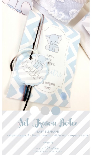 Trusou de botez cu broderie personalizata pentru baieti, Bleu & Grey Elephant 12